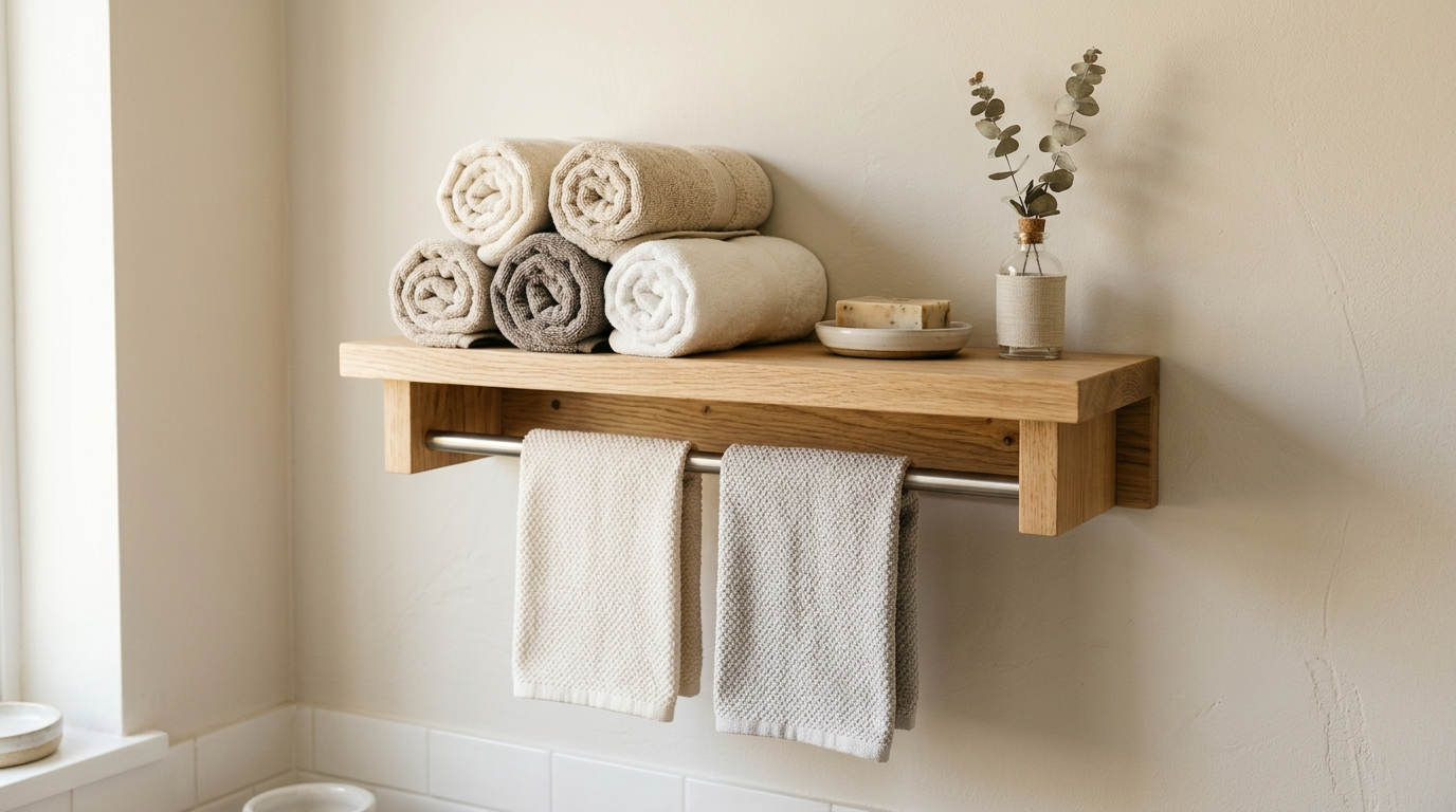 Add open shelving with folded towels for spa style